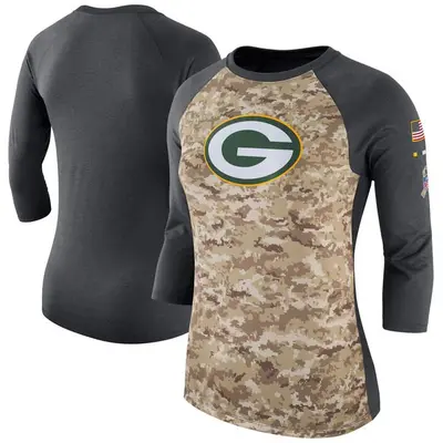 Women's Legend Green Bay Packers Camo/Charcoal Salute to Service 2017 Three-Quarter Raglan Sleeve T-Shirt