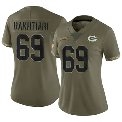 Women's Limited David Bakhtiari Green Bay Packers Olive 2022 Salute To Service Jersey